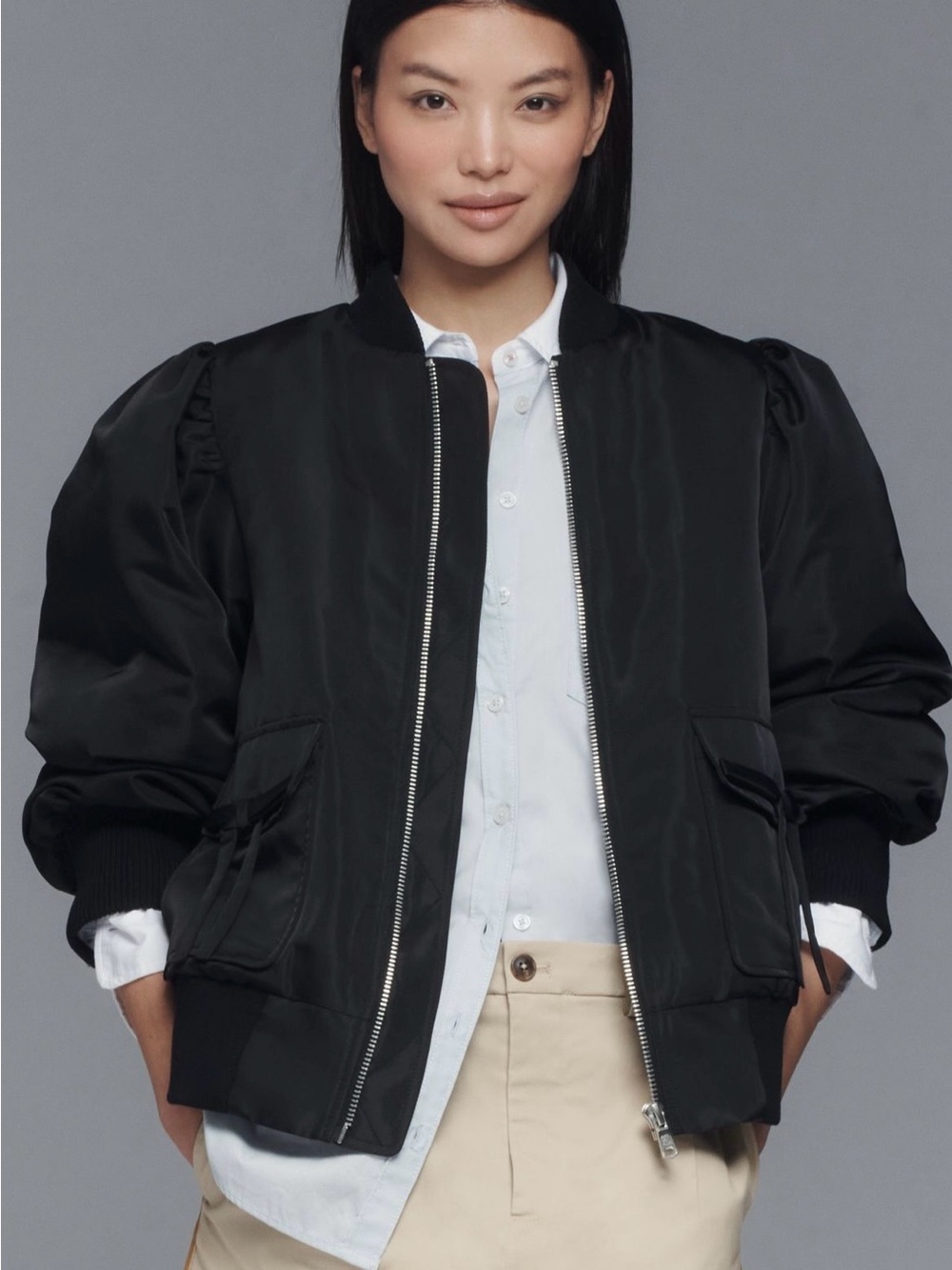 NWT - Anthropologie -Avec Les Filles- Black Puff-Sleeve Bomber Jacket - Women